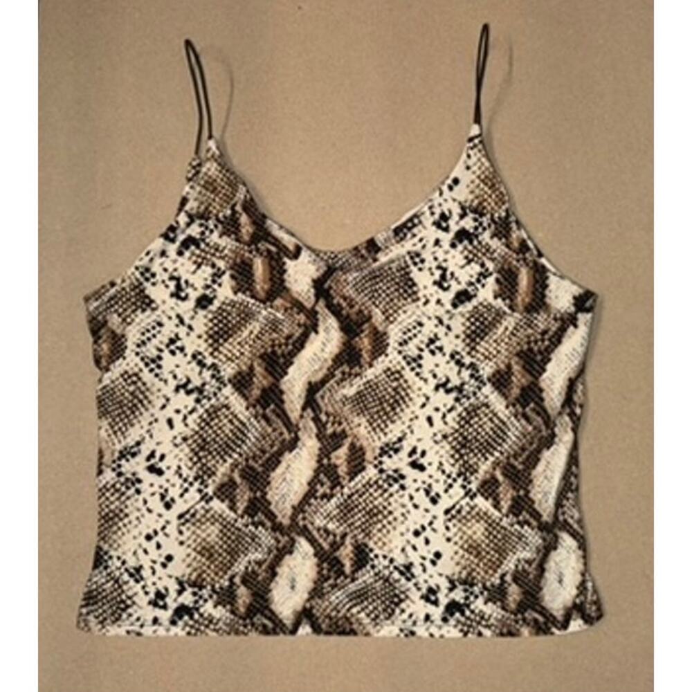 Y2K Style Snake Print Crop Tank L Spaghetti Strap Brown Cream Indie Sleaze Club